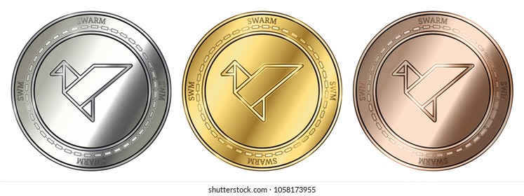 Gold, silver and bronze Swarm (SWM) cryptocurrency coin. Swarm (SWM) coin set.