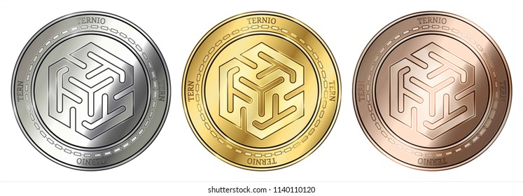 Gold, silver and bronze Ternio (TERN) cryptocurrency coin. Ternio (TERN) coin set.