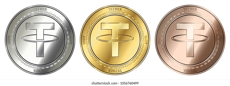 Gold, silver and bronze Tether (USDT) cryptocurrency coin. Tether (USDT) coin set.