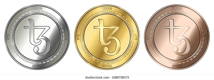 Gold, silver and bronze Tezos (XTZ) cryptocurrency coin. Tezos (XTZ) coin set.