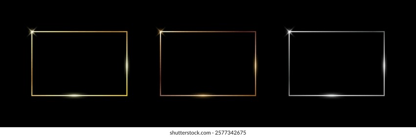 Gold, silver and bronze thin frames. Metal rectangle frame with glow shine and light effects. Photo or picture realistic empty borders isolated on black background. Vector illustration.