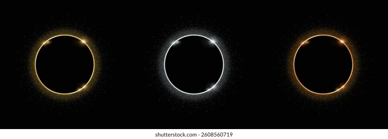Gold, Silver, and Bronze Thin Metal Rings – Slim Circular Frames, Buttons, Stamps, Emblems, Stickers, and Labels for Medals on Black Background