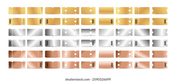 Gold, silver, bronze ticket template set. Empty coupons blank and ticket with number, barcode. Vector illustration collection isolated on white background