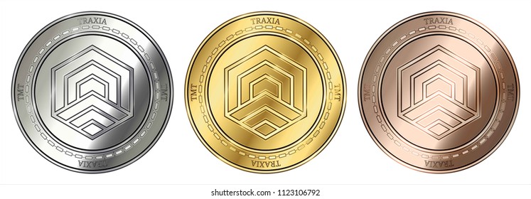 Gold, silver and bronze TRAXIA (TMT) cryptocurrency coin. TRAXIA (TMT) coin set.