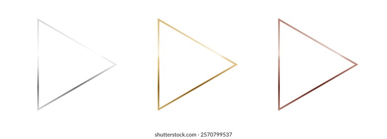 Gold, silver and bronze triangle frames. Metal thin play buttons isolated on transparent background. 3d realistic empty template vector illustration set.