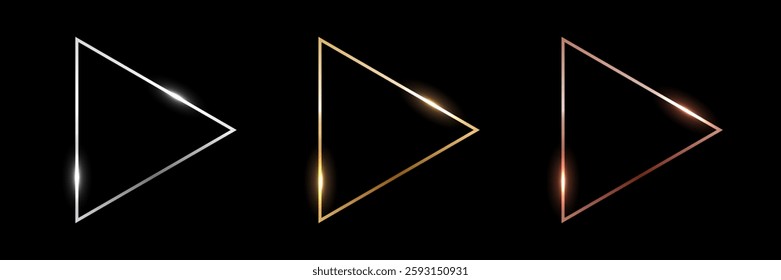 Gold, silver and bronze triangle frames. Metal thin play buttons isolated on black background. 3d realistic empty template vector illustration set.