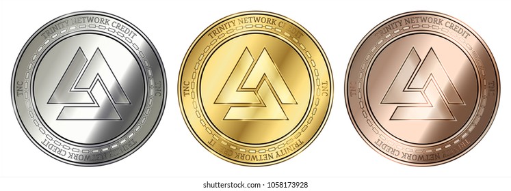Gold, silver and bronze Trinity Network Credit (TNC) cryptocurrency coin. Trinity Network Credit (TNC) coin set.