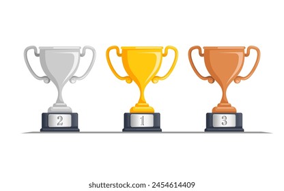 Trofeos de oro, plata y bronce para los ganadores del 1er, 2do y 3er lugar. Fondo blanco transparente. Vector EPS 10 archivos proporcionados para la personalización. Simplificado para premios y logros del campeonato