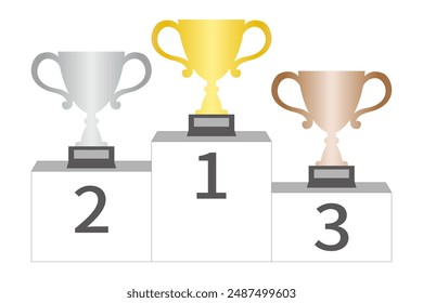 Gold, silver and bronze trophies and podium, vector illustration