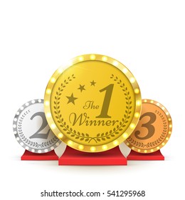 Gold, Silber und Bronze Trophy Award. Champions oder Gewinner Infografiken Elemente.  Vektorgrafik.