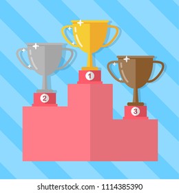 Gold, Silver and Bronze Trophy Cup. Different champions or winners cups in flat style. Vector illustration