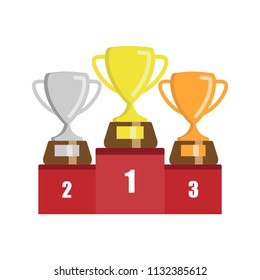 Gold, Silver and Bronze Trophy Cup. Flat Trophy Icon. Handing awards to winner. Vector illustration.