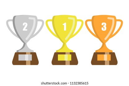 Gold, Silber und Bronze Trophy Cup. Flaches Trophäensymbol. Auszeichnungen an den Gewinner überreichen. Vektorgrafik.