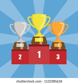 Gold, Silver and Bronze Trophy Cup. Flat Trophy Icon. Handing awards to winner. Vector illustration.
