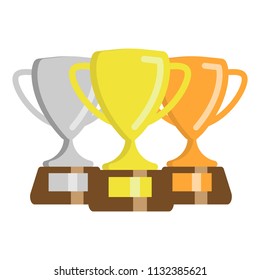 Gold, Silver and Bronze Trophy Cup. Flat Trophy Icon. Handing awards to winner. Vector illustration.