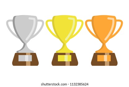 Gold, Silver and Bronze Trophy Cup. Flat Trophy Icon. Handing awards to winner. Vector illustration.