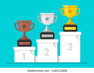 Gold, Silver and Bronze Trophy Cup. Vector Flat Trophy Icon with stars.
