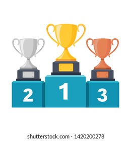 Gold, Silver, Bronze Trophy Cup, Goblet On Podium, Pedestal Isolated On Background. 1st, 2nd, 3rd Place. Handing Awards To Winner. Vector Illustration
