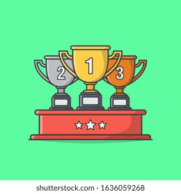Gold, Silver and Bronze Trophy Cup On Red Podium Vector Icon Illustration. Winner Cup Icon