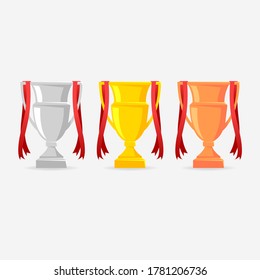 Gold, Silver and Bronze Trophy Cup with red ribbon. Cups for winners.