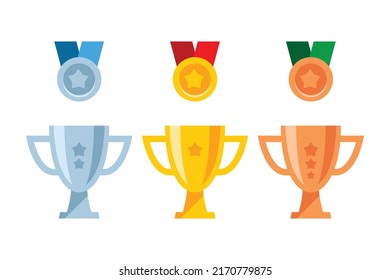 Gold, silver and Bronze trophy cup. Set of medals and trophy awards. Winner cups with star. Prize champion. Flat style