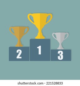 Gold, Silver and Bronze Trophy Cup on prize podium. First place award. Champions or winners  Infographic elements. Vector illustration.