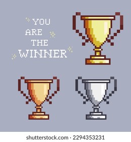 Juego de píxeles de la copa Gold Silver Bronze Trophy Cup, trofeo pixelado, tazas ganadoras con estilo de píxel