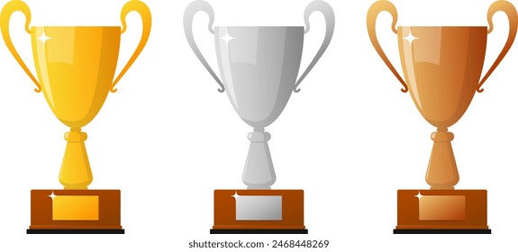 Gold silver and bronze trophy cup trophies. Stock vector illustration