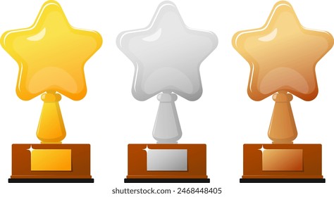 Gold Silber und Bronze Pokal Pokale Trophäen in Form eines Sterns. Vektorillustration