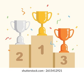 Gold, silver and bronze trophy cup, Winner prize goblet, trophy award. 
