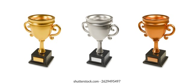 Gold, Silver and Bronze Trophy Cup. Winners cup, championship prize, trophy award. Champion metal goblet collection  isolated