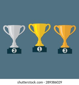 Gold, Silver and Bronze Trophy Cup on prize podium. First place award. Champions or winners Infographic elements. Vector illustration.