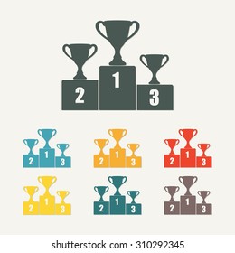 Gold, Silver and Bronze Trophy Cup on prize podium. First place award. Champions or winners Infographic elements. Colorful vector illustration.