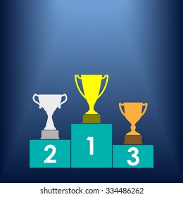 Gold, Silver and Bronze Trophy Cup on prize podium. First place award. Champions or winners Infographic elements. Vector illustration.