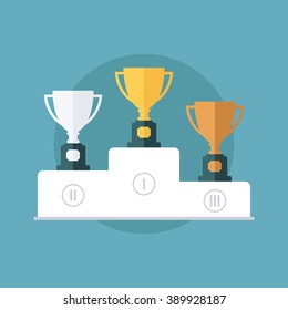 Gold, silver and bronze trophy cup on prize podium. Flat design vector illustration.