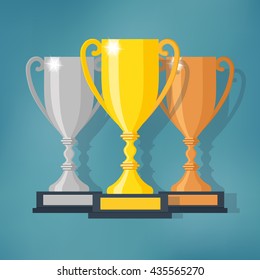 Gold, Silver and Bronze Trophy Cup. Different champions or winners cups in flat style. Vector illustration.