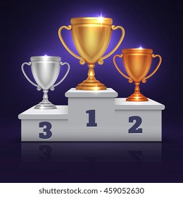 Gold, silver and bronze trophy cup, prize goblet on sport winner podium, pedestal vector. Illustration sport trophy goblet and metal goblets winners