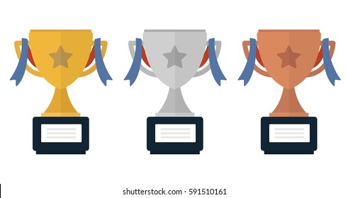 Gold, Silver and Bronze Trophy Cup. Vector Flat Trophy Icon with stars.