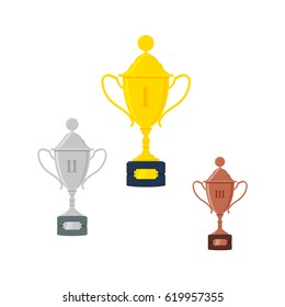 Gold, silver, bronze trophy cup or awards. Isolated on white background. Vector illustration.