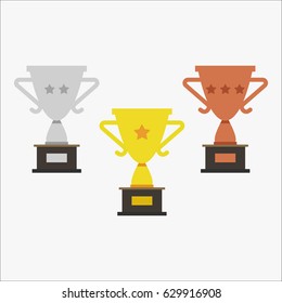 Gold, Silver and Bronze Trophy Cup. Vector Flat Trophy Icon with stars.