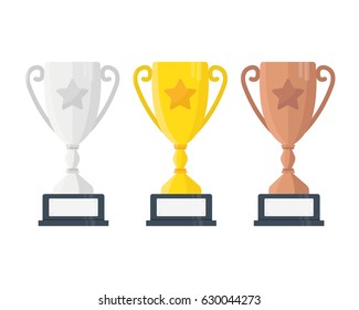 Gold, Silver and Bronze Trophy Cup. Vector Flat Trophy Icon with stars.
