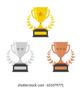 Gold, Silver And Bronze Trophy Cup. Vector Flat Trophy Icon With Stars And Laurel Wreath