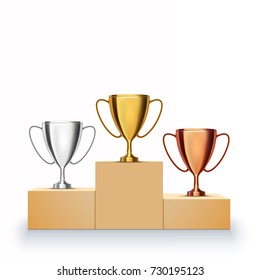Gold, Silver and Bronze Trophy Cup on prize podium isolated. Vector illustration