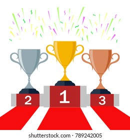 Gold, silver and bronze trophy cup on pedestal.  1st, 2nd, 3rd place. Handing awards to winner. Vector illustration