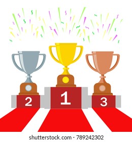 Gold, silver and bronze trophy cup on pedestal.  1st, 2nd, 3rd place. Handing awards to winner. Vector illustration