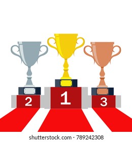 Gold, Silver And Bronze Trophy Cup On Pedestal.  1st, 2nd, 3rd Place. Handing Awards To Winner. Vector Illustration