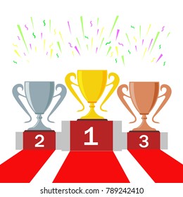 Gold, silver and bronze trophy cup on pedestal.  1st, 2nd, 3rd place. Handing awards to winner. Vector illustration