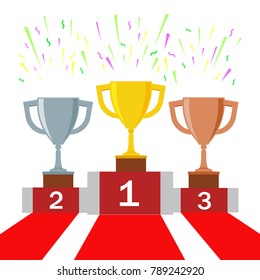 Gold, silver and bronze trophy cup on pedestal.  1st, 2nd, 3rd place. Handing awards to winner. Vector illustration