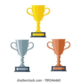 Gold, silver and bronze trophy cup isolated on white background 1st, 2nd, 3rd place. Vector illustration