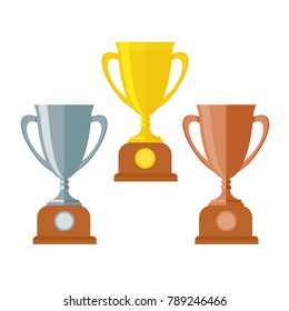 Gold, silver and bronze trophy cup isolated on white background 1st, 2nd, 3rd place. Vector illustration